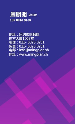 简洁蓝底紫色方块商务竖版名片设计