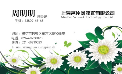 清新白底绿叶雏菊鲜花名片设计