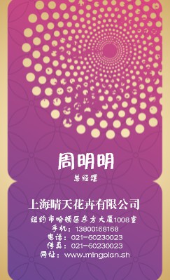 波点圈圈幻彩紫红花卉竖版名片设计